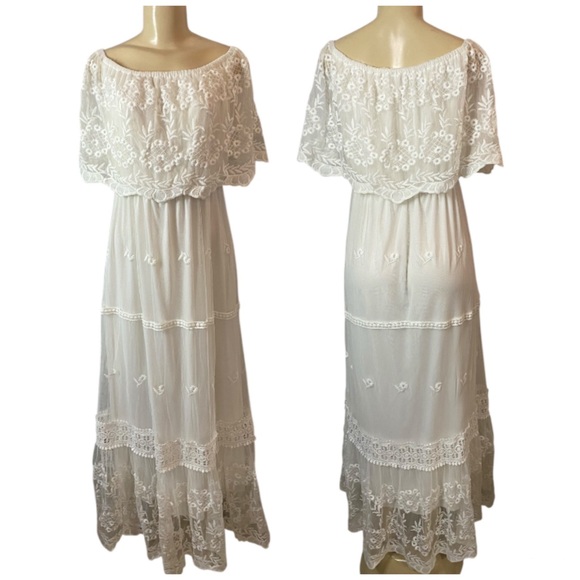 Boutique U Dresses & Skirts - Boutique White off Shoulder Maxi Lace Boho Gown Cottagecore Long Dress Size L/XL
